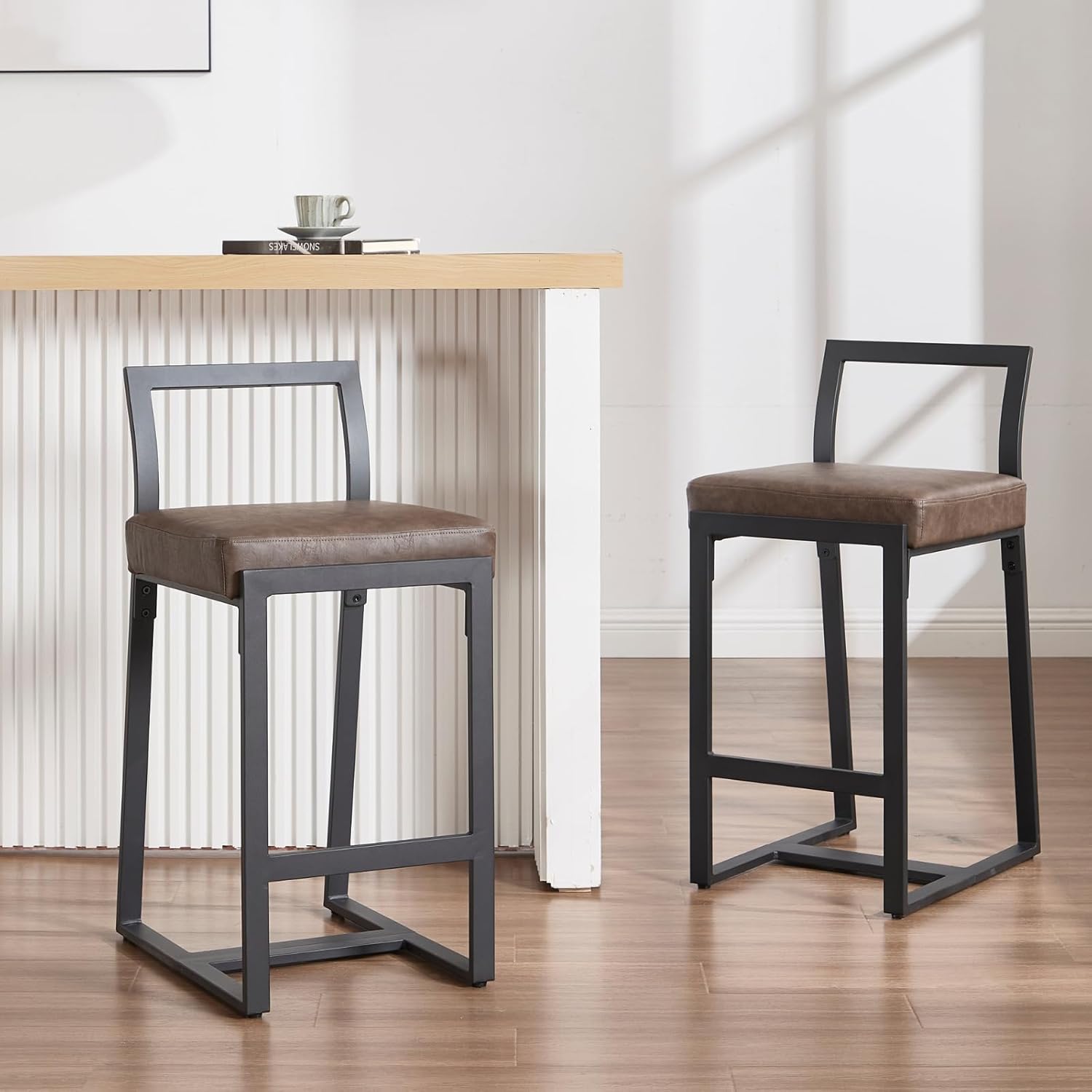 Ya-Home 26’’ Modern Bar Stools Set of 4, Upholstered PU Leather Bar Chairs with Backrest Armless Counter Height Stools with Metal Frame for Kitchen Island Dining Room, Grayish Brown