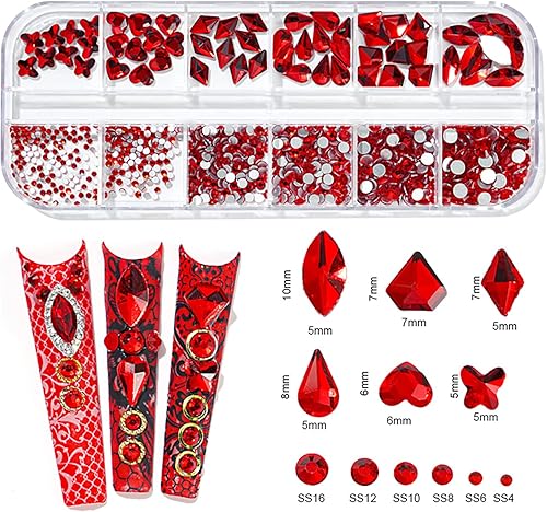 Miniatura 4 de Kit de 1650 diamantes de imitación de cristal para uñas, color verde, rojo, azul, con parte trasera plana redonda y formas mixtas, arte de uñas con