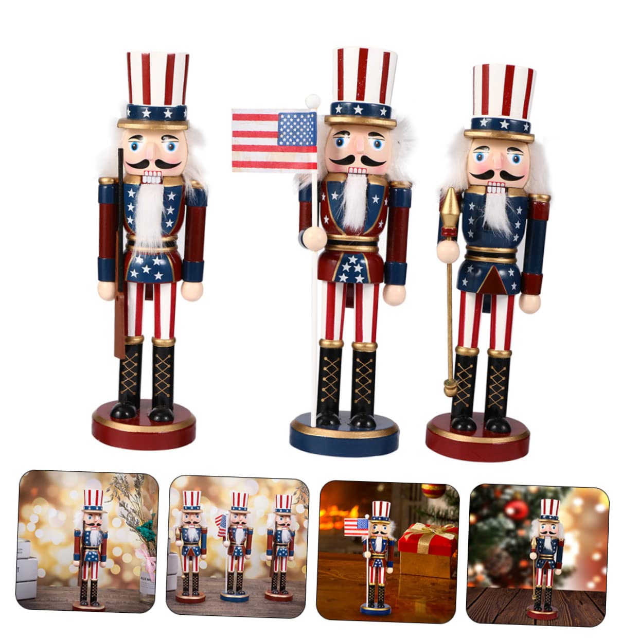 Cabilock Independence Day Nutcracker Decor Set 3pcs Wooden Nutcracker Soldiers Holiday Table Decor
