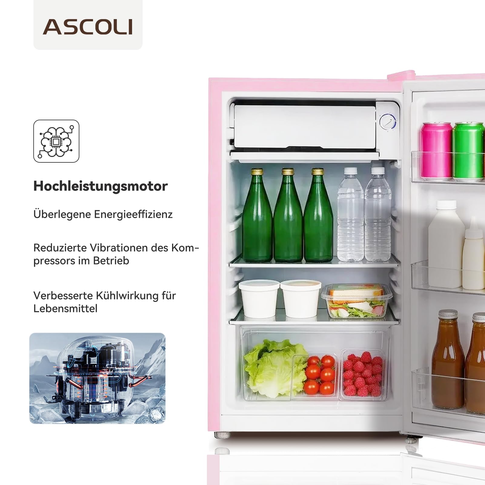 Retro kühlschrank mit gefrierfach klein 85L (77+8L), Mini vintage gefrierkombination freistehend gefrierschrank rosa,Leise, Mechanische Steuerung, LED-Beleuchtung