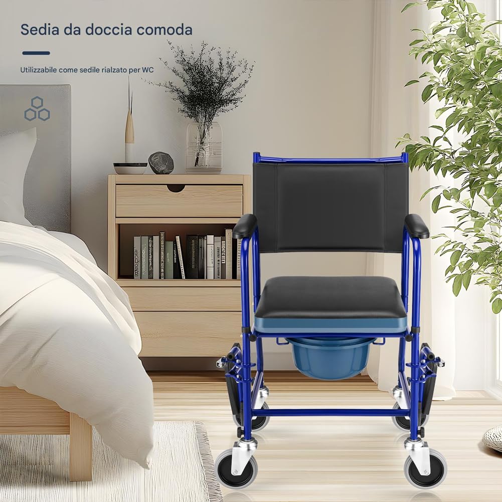 BAKAJI Sedia a Rotelle da Bagno con Vaso Rimovibile, Schienale e Seduta Ergonomica con 4 Ruote Piroettanti, Ausilio per Anziani, Disabili e Persone con Mobilità Ridotta, 53 × 57,5 × 94 cm
