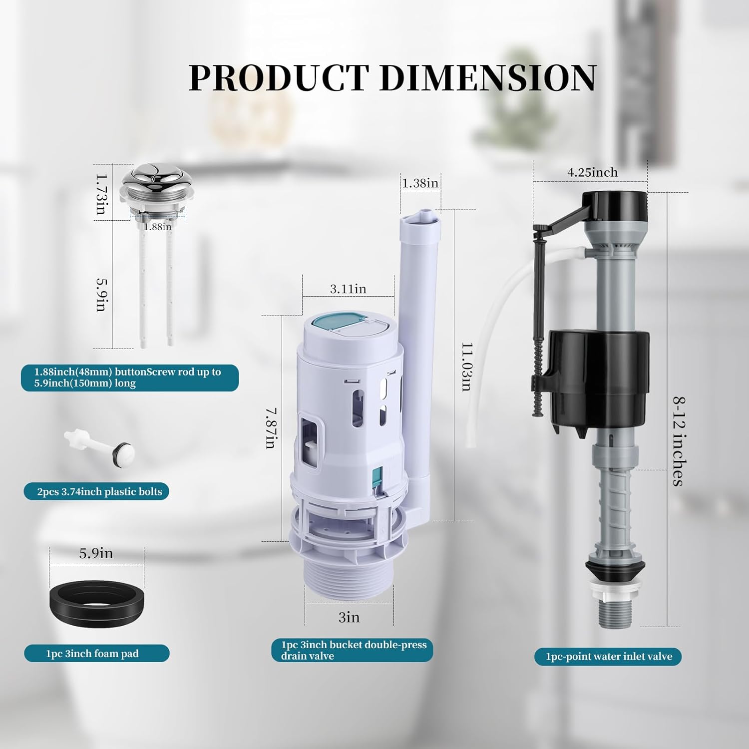 3" Dual Flush Valve Replacement Kit for 2-Piece Toilet Water Tank Parts with Toilet Fill Valve, Button, Flush Valve, Bolts and Bowl Gasket, Universal Toilet Repair Kit Inside Tank