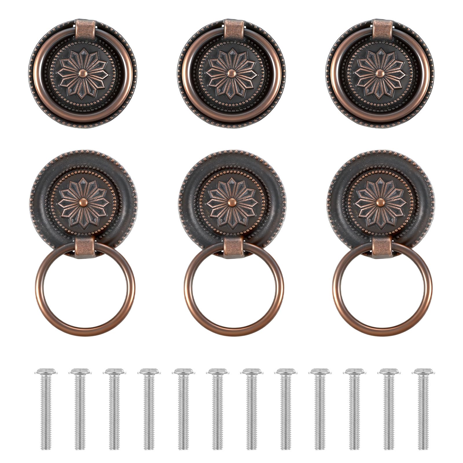 6 PCS Antique Drawer Pull Ring, Vintage Cabinet Pulls Ring Drawer Pulls Cabinet Rings Handle Cabinets Drawers Dressing Knob with Screws for Cabinets Dresser Closet Wardrobe Bedroom Furniture Decor