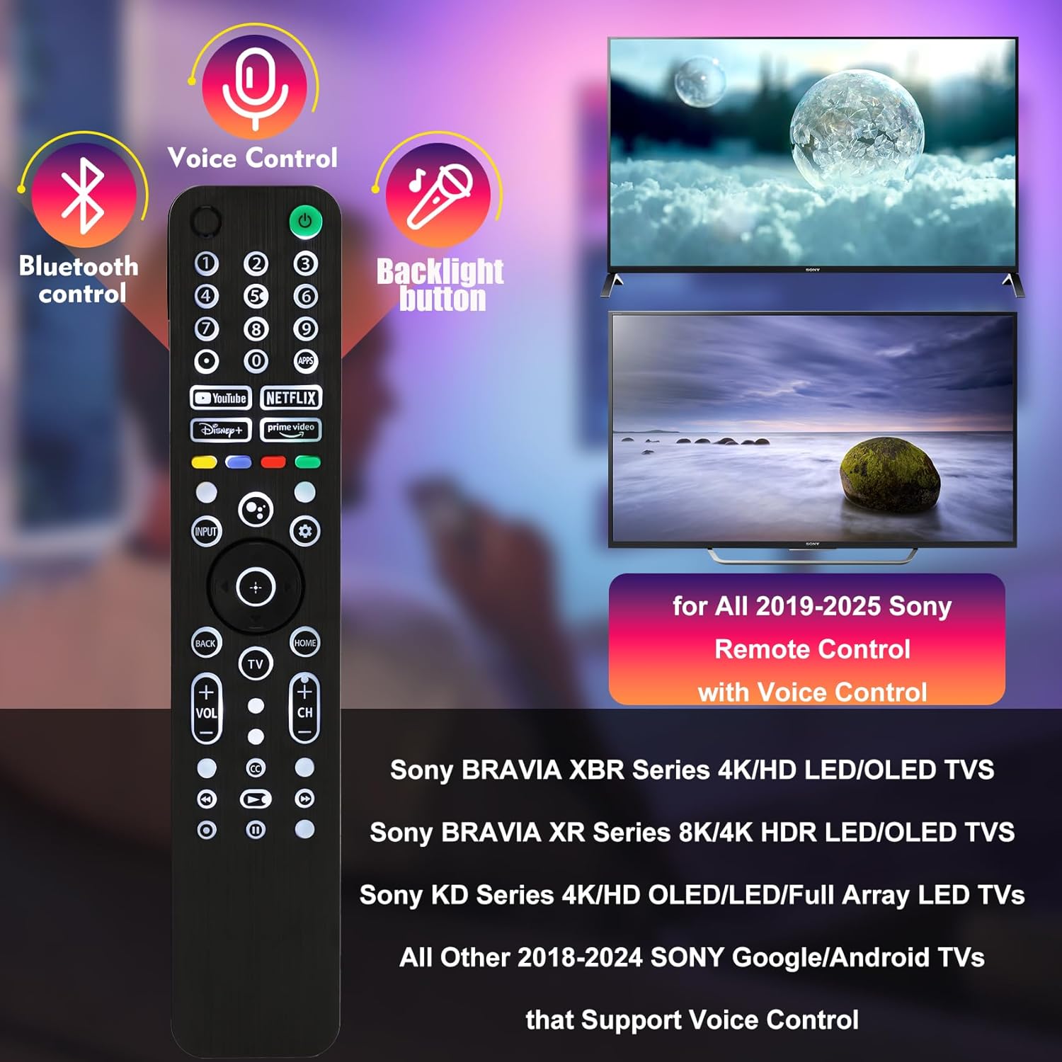 Condition photo showing New/Like New for universal backlit remote for sony tv, for all 2019-2025 sony remote control for smart tv with voice control, replacement remote for bravia xr/xbr/kd series google tvs, backlight, 1 year full warranty