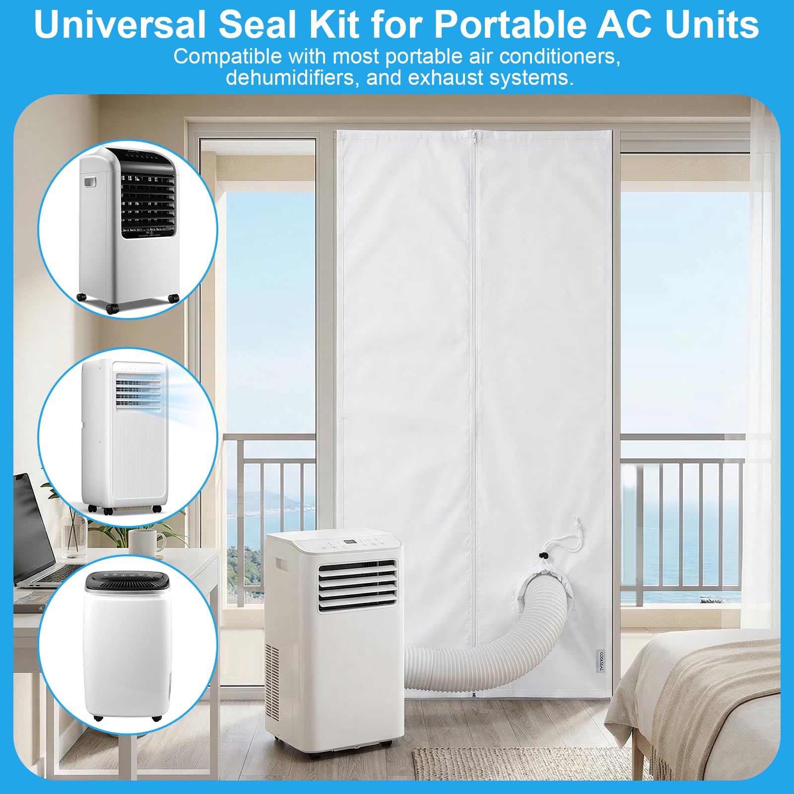 Qoosea Kit de Sellado para Puertas y Ventanas Aire Acondicionado Portátil - 90x210cm con Ojal de Cordoncillo e Incluye 7m de Cinta Adhesiva, para Puertas Correderas y Ventanas