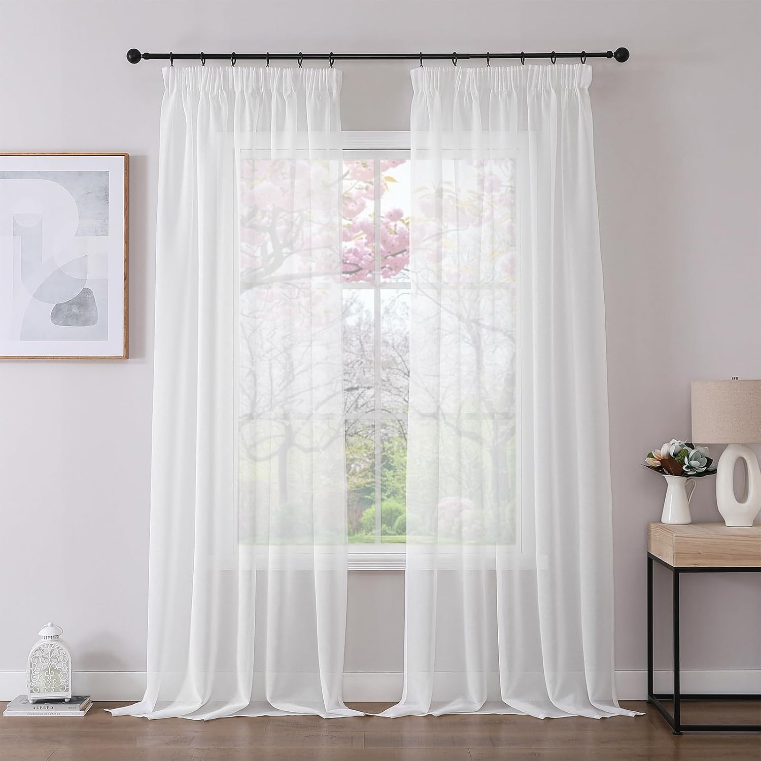 Joydeco 2er Set H245 x B140 cm Weiß Transparent Vorhang Schiene Gardinen mit Kräuselband Durchlässig Curtains Lang Vorhänge für Schienensystem Modern