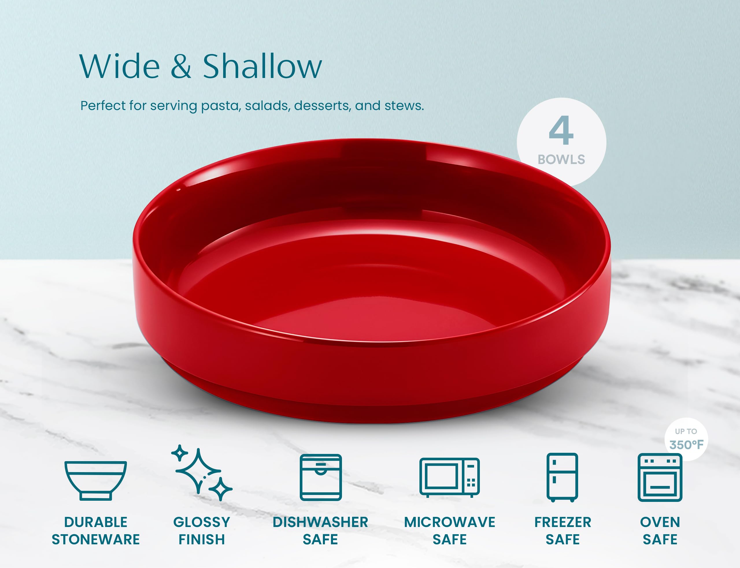 KooK Cuencos grandes de cerámica para pasta, aptos para microondas y lavavajillas, ideales para sopas y ensaladas, cuencos poco profundos, porcelana brillante, 48 onzas, juego de 4, rojo cereza