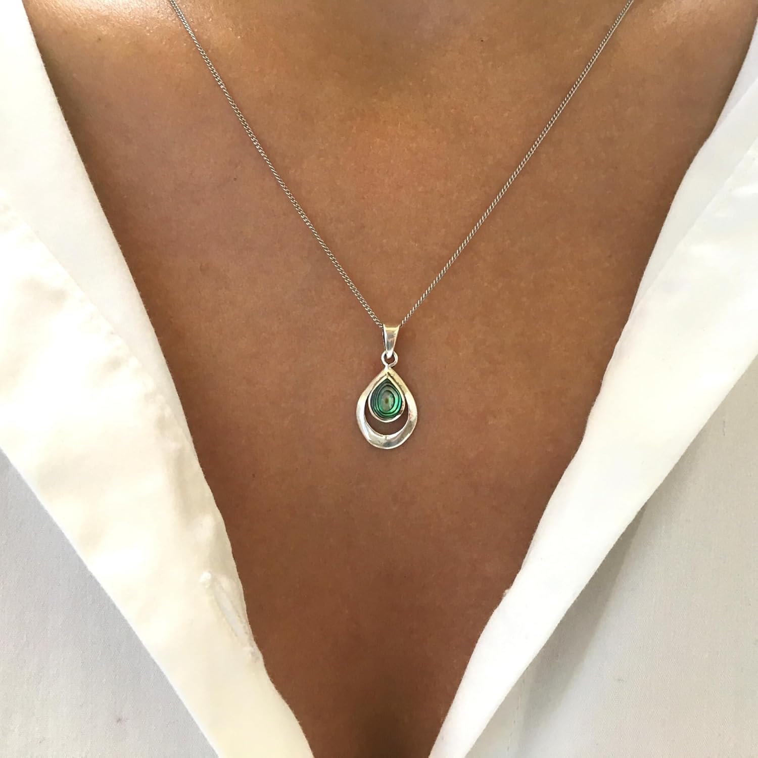 Silverly 925 Silver Abalone Shell Open Teardrop Necklace for Women - Sterling Silver Pear-Shaped Paua Shell Pendant on 18" Curb Chain – Simple Minimalist Coastal Birthstone Jewelry - Image 2