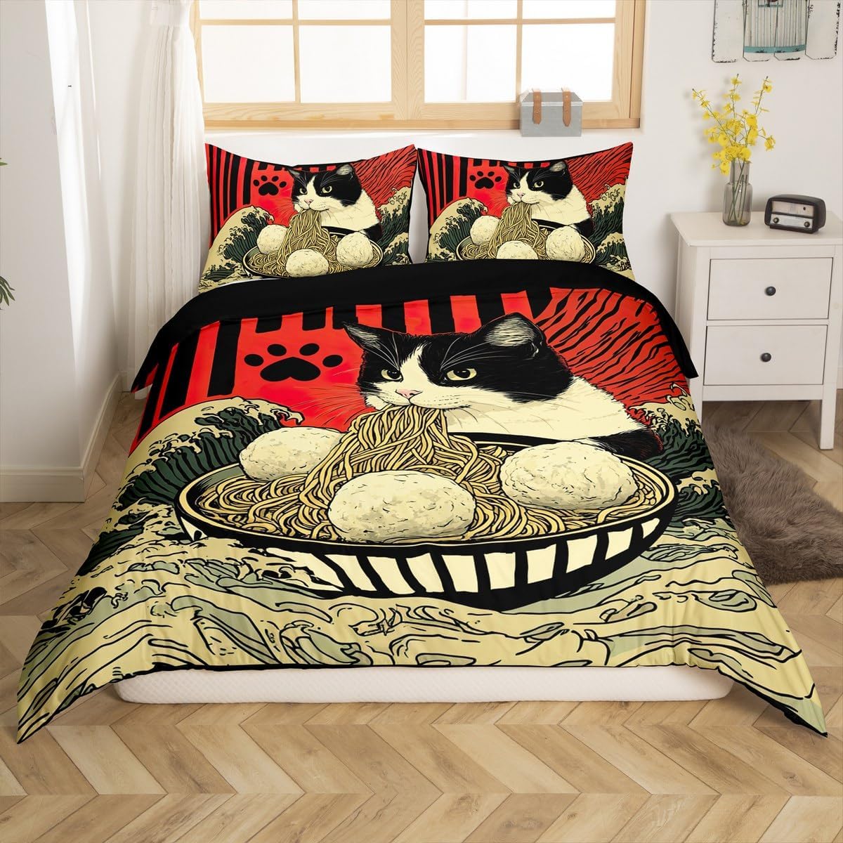 jejeloiu Cat Duvet Cover Japanese Ocean Wave Bedding Set Queen Size Exotic Japan Decor Kawaii Ramen Kitten Comforter Cover Bedspread 3Pcs Zipper