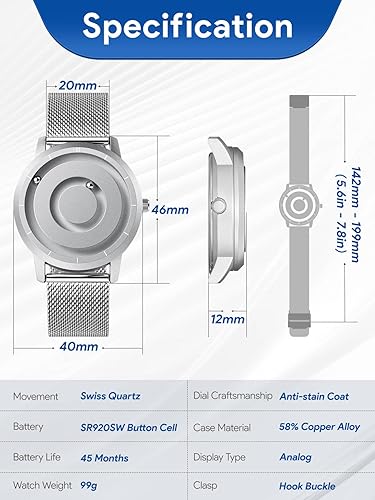 Miniatura 4 de EUTOUR Reloj analógico de cuentas magnéticas, correa de acero inoxidable y diseño único de puntero, relojes magnéticos unisex, reloj magnético súper