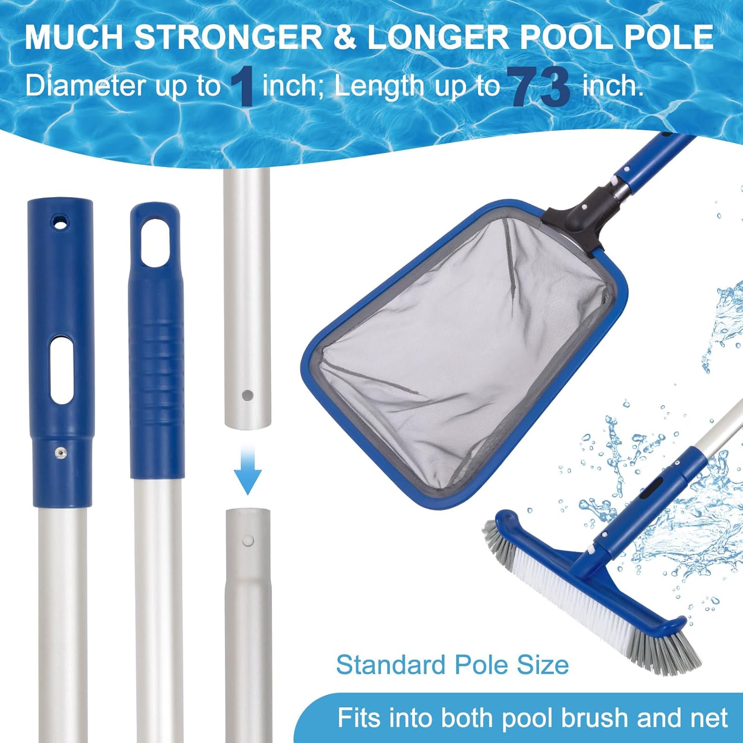 Pool Cleaning Kit, 14.5'' Pool Brush Head & Ultra Fine Mesh Pool Skimmer Net with Pole, Aluminum Frame Pool Net Skimmer & Pool Brush with Pole,Pool Net & Pool Brushes for Cleaning Pool Walls with Pole - Image 5
