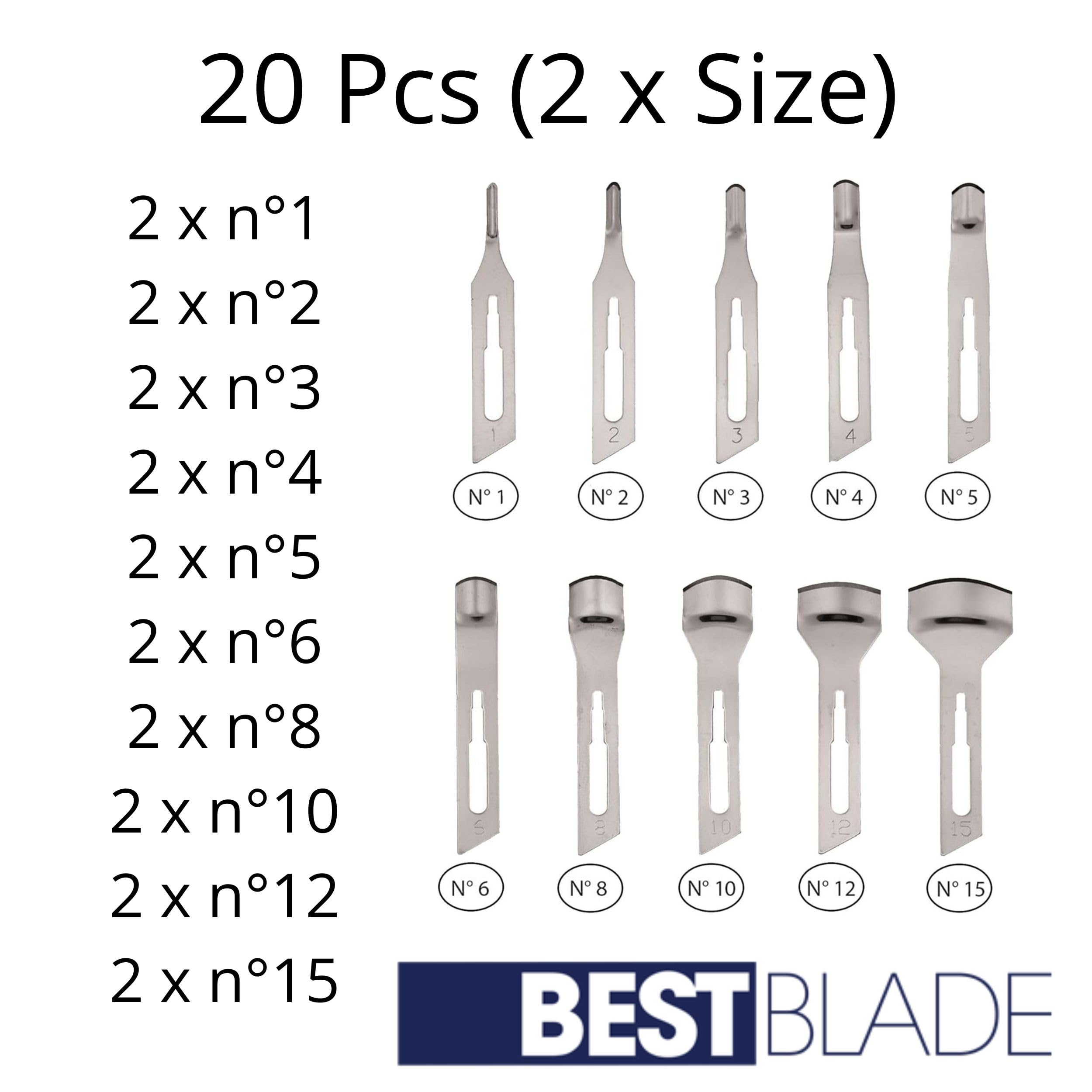 Lame Sgorbia Best Blade + Manico Porta Lama in Alluminio con chiusura a vite – Start Kit Pedicure Professionale – 20 Lame Assortite 2x(misura 1,2,3,4,5,6,8,10,12,15)