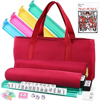 Goldge American Mahjong Tile Set 166 White Tiles | 4 All-in-One Color Racks with Pushers, 3 Dice, Portable Red Carrying Bag Complete Mahjong Game Set