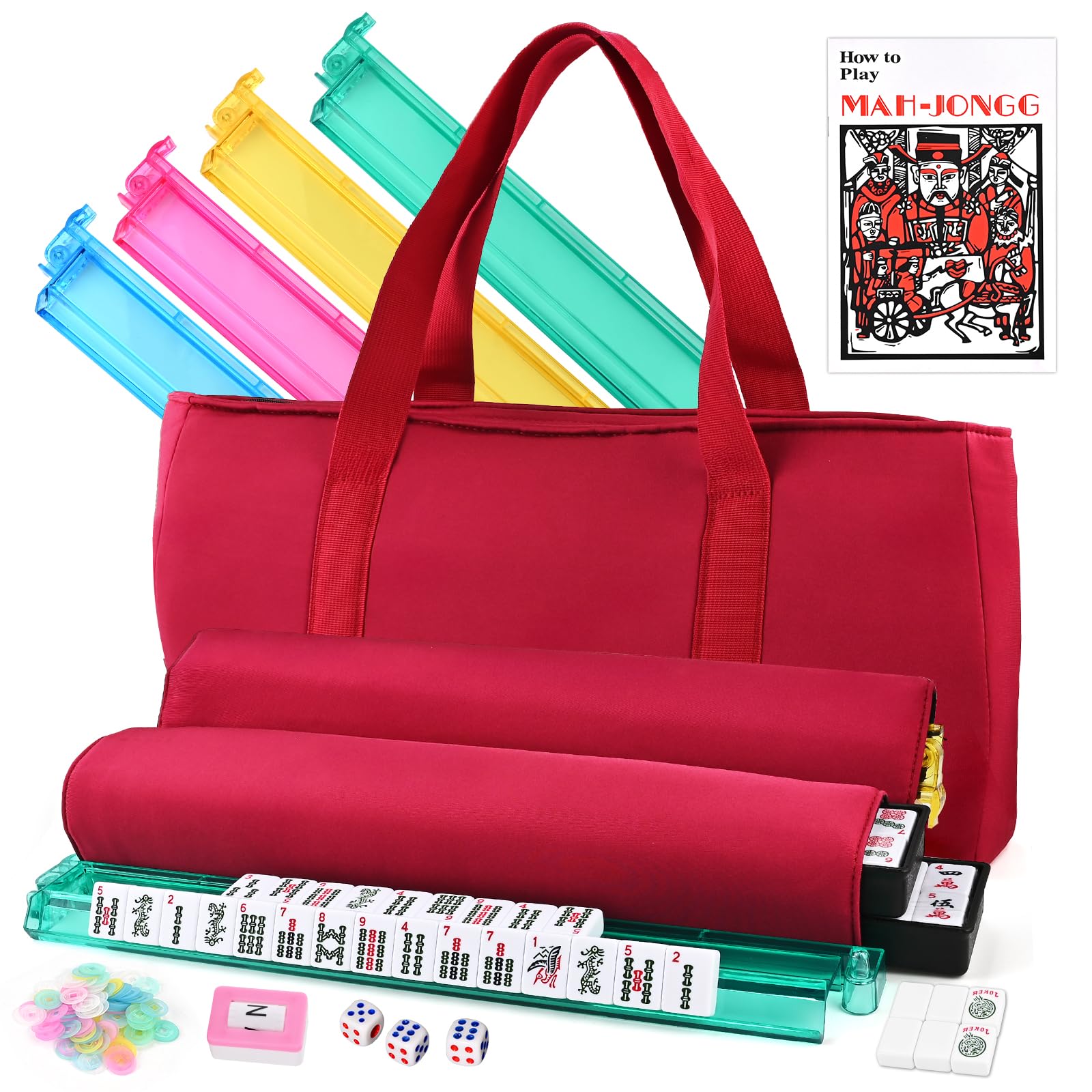 American Mahjong Tile Set – 166 White Tiles, 4 All-in-One Color Racks with Pushers, 3 Dice, Portable Red Carrying Bag – Complete Mahjong Game Set