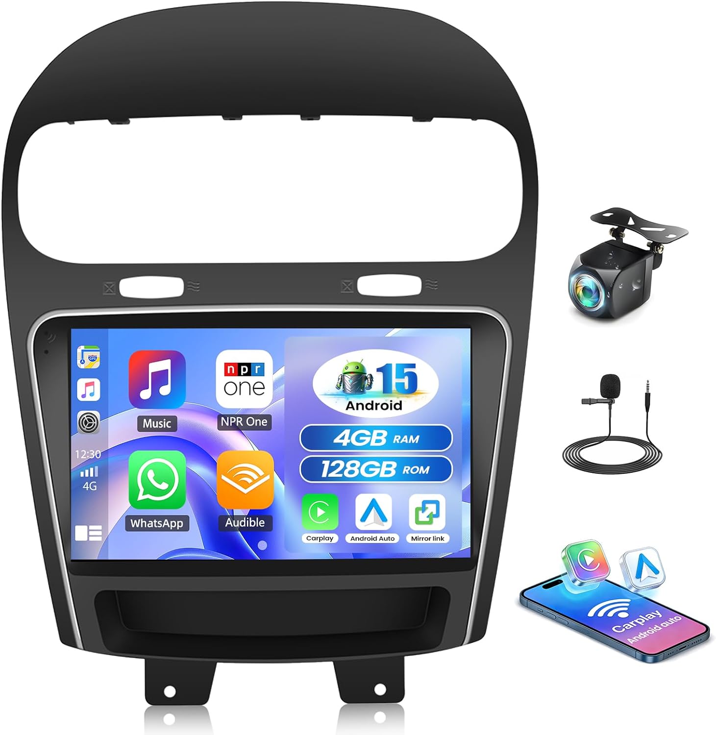 [4G+128G] Car Radio for Dodge Journey 2011-2019 Fiat Freemont Low-end with Wireless CarPlay Android Auto,9" Touchscreen Android 15 Car Stereo with Mirror Link WiFi GPS,BT,FM/RDS SWC EQ+Backup Camera