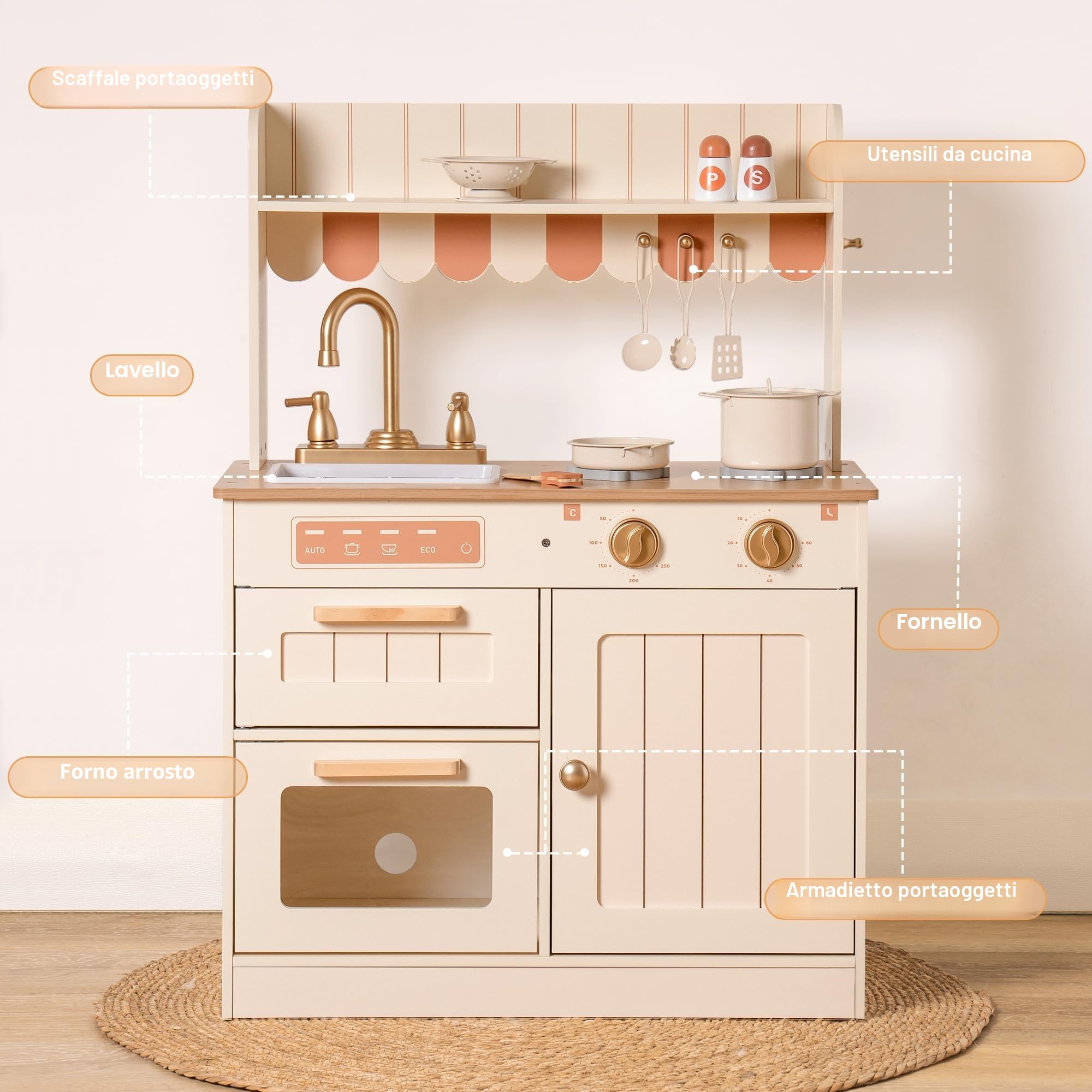 ROBUD Cucine da gioco in legno per bambini, con stoviglie, pentole, insalatiera e verdure, adatte per bambini dai 3 anni in su