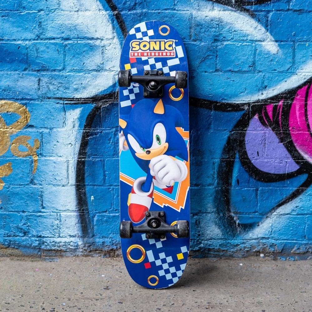 Sonic the Hedgehog Kids Skateboard Deck | Official 79cm Double Kicktail Boys Girls 608z Bearings | Children Ages 5+ | PP Trucks PVC Wheels