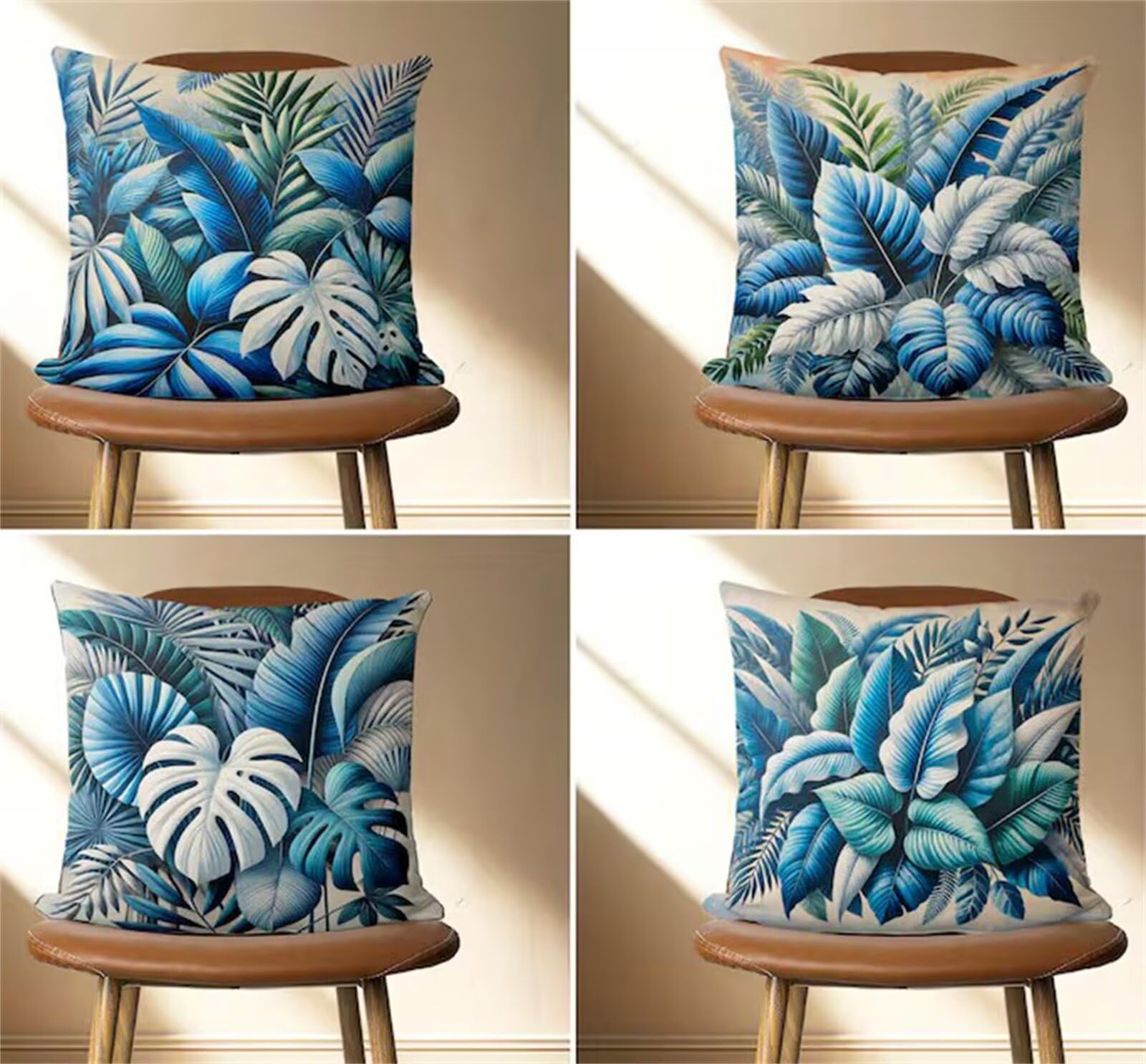 Heaen Outdoor Cushion Covers 45x45 cm Set of 4 Waterproof Linen Throw Pillowcases Abstract Blue Leaves Square Decorative Pillow Covers for Garden Patio Furniture