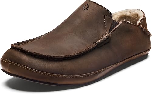 OLUKAI Moloa pantuflas, Zapatos de cuero de primera calidad para hombre con suela suave, forro de piel de oveja genuina y inserto de gel, tacón