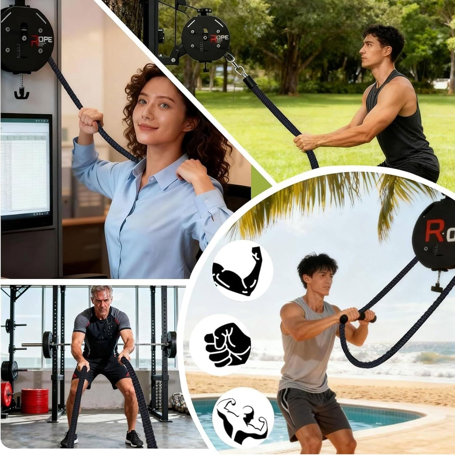 Endless Rope Trainer, Pulley Rope Puller Fitness Ropes Trainer Gym Pull Ropes Machine Suspension Pulleys Cable Machine with Adjustable Resistance Strength Training Equipment Fitness Gear