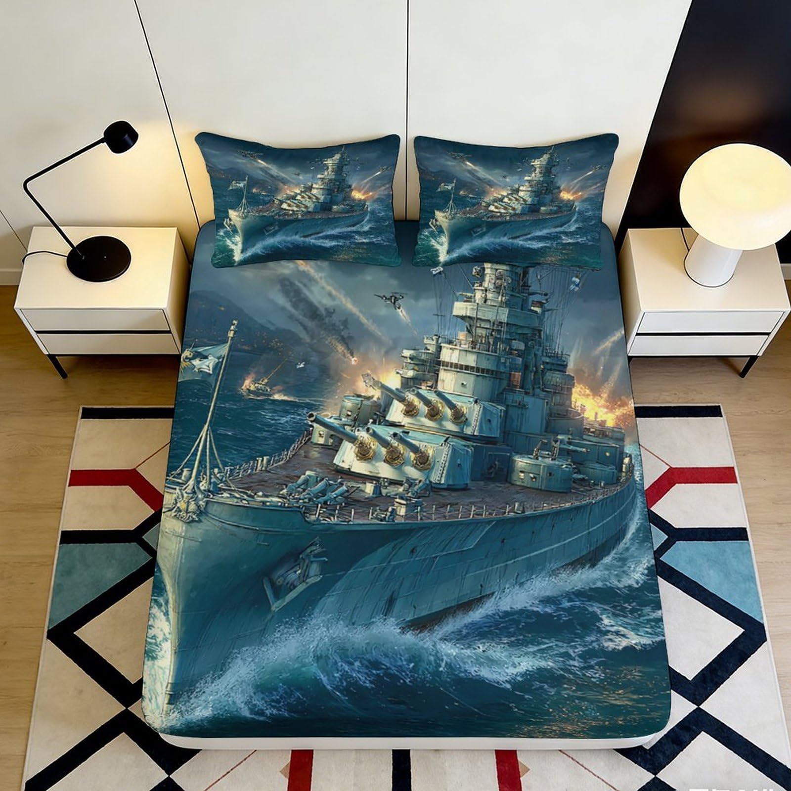 Jqzkxnhpbr Style-10 3D Printed Battleship Sea Fitted Sheet Microfiber Soft Blue Navy Mattress Cover For Bedroom Guestroom Decor Protection 90X200x25cm