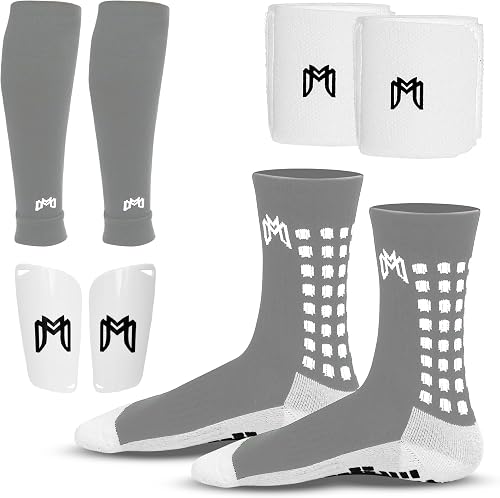 MediCaptain Soccer Grip Socks, Shin Guards, Pre Cut Sock Sleeves, and Guard Straps Bundle Pack - Essential Equipment for Soccer Players - for Mens, Women, Youth, Size 7 to 12 US Men Shoe Size