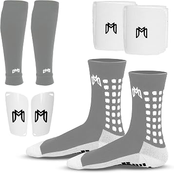 MediCaptain Soccer Grip Socks, Shin Guards, Pre Cut Sock Sleeves, and Guard Straps Bundle Pack - Essential Equipment for Soccer Players - for Mens, Women, Youth, Size 7 to 12 US Men Shoe Size