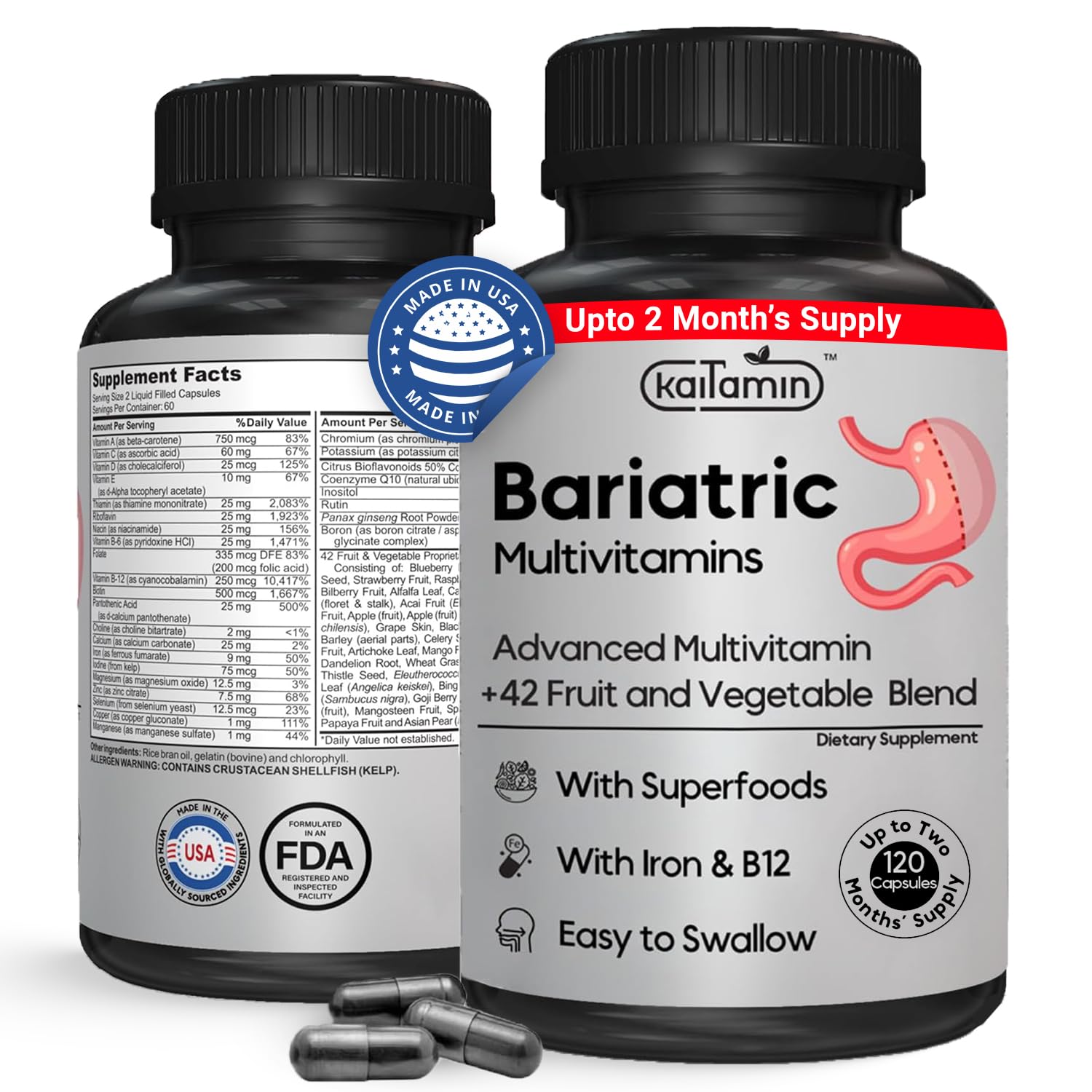 Kaitamin Bariatric Multivitamin with Iron for Post-Bariatric Surgery - Easy-to-Swallow Liquid Capsules with 42 Fruit & Veggie Blend - 120 Capsules, 2 Month Supply