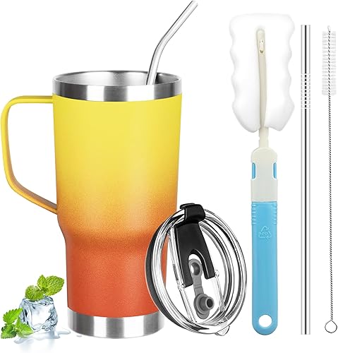 Miniatura 31 de Vaso de 20 onzas con asa, vaso aislado de acero inoxidable con tapa y popote, taza de café de doble pared con aislamiento al vacío, taza térmica