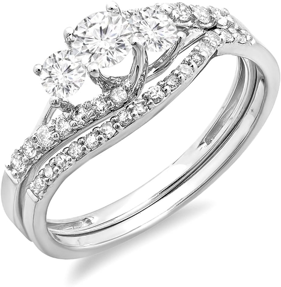 Dazzlingrock Collection 0.75 Ctw 14K Round Diamond Womens 3 Stone Bridal Engagement Ring Band Set 3/, Solid White Gold