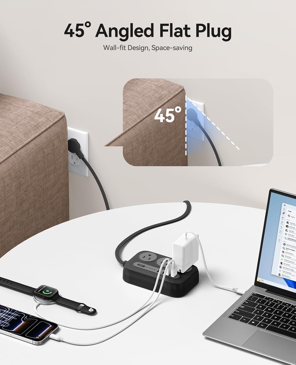 ORICO Surge Protector Power Strip, PD20W Multiple Outlets Extension Cord with 6 AC Outlets and 4 USB Charging Ports (2 USB-C), 45° Flat Plug, 5 Ft Mountable Outlet Extender for Home/Office/Dorm - OG