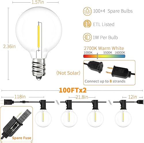 Miniatura 25 de Svater Tira de luces para exteriores de 150 pies, luz de patio con 78 bombillas LED inastillables, luces de globo G40 colgantes de plástico exterior