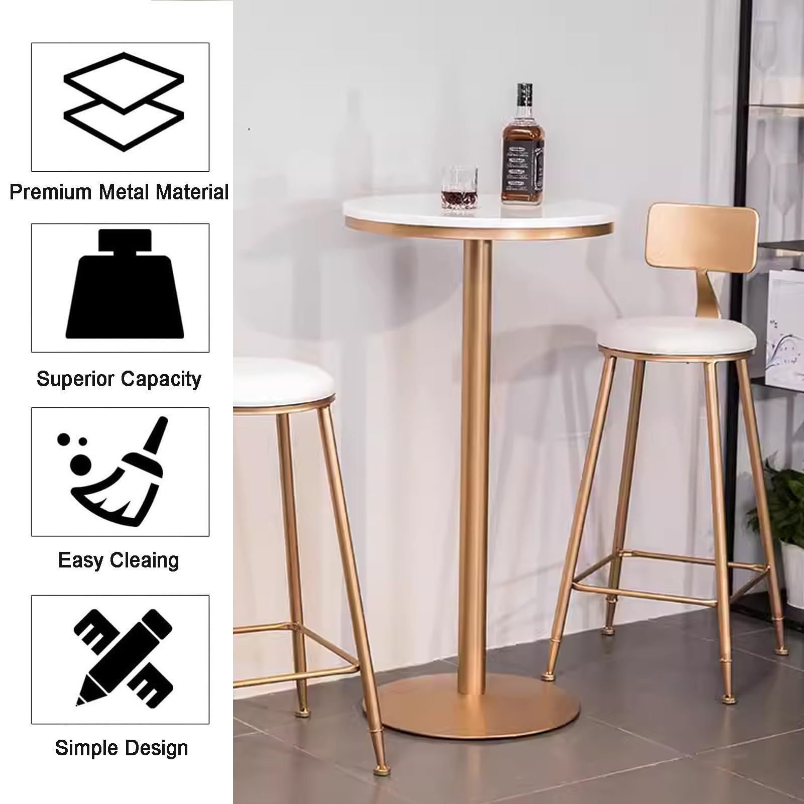 Table de bar d'extérieur avec plateau en marbre pour comptoir de café et de cocktails, table de pub pour terrasse ou jardin (75 cm)