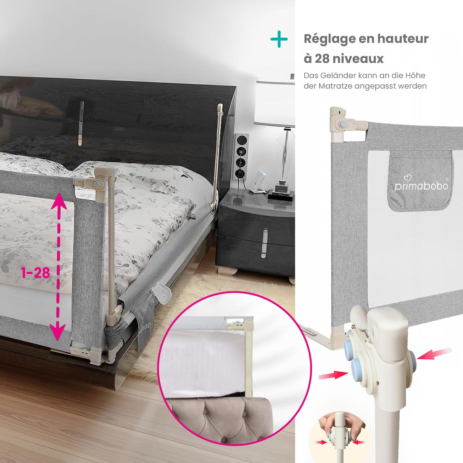 Primabobo Barrière de Lit Enfant Classic Gris 200 cm 160 cm Pliable – Lot de 3, Hauteur Réglable, Protection Lit Bébé