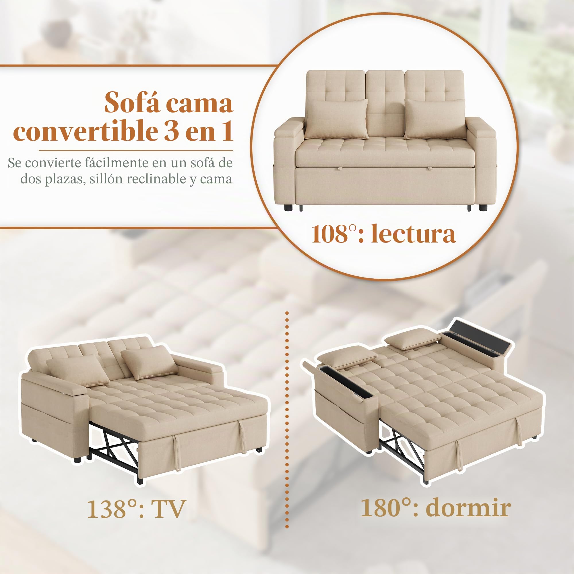 REXO Sofá cama de 2 plazas con espacio de almacenamiento y respaldo ajustable, sofá con reposabrazos y cojines, sofá plegable versátil para salón, dormitorio o apartamento, color beige