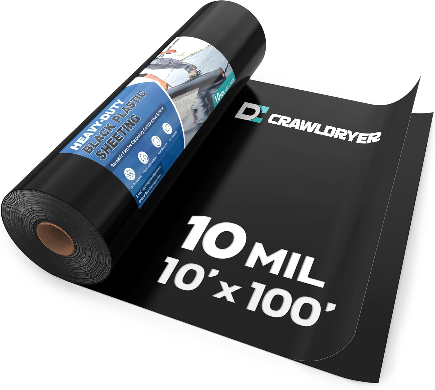 Black Plastic Sheeting, 10 Mil 10' x 100', Crawl Space Vapor Barrier, Vapor Barrier, Plastic Sheeting Heavy Duty, Polyethylene Plastic Rolls for Garden, Crawlspace, Basement, Black