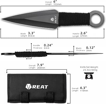 REAT Throwing Products - 12 Piece, 6" 440 Stainless Steel with Cord-Wrapped Handle, Includes Nylon Carrying Case for Safe Storage for Competition, Training and Recreation