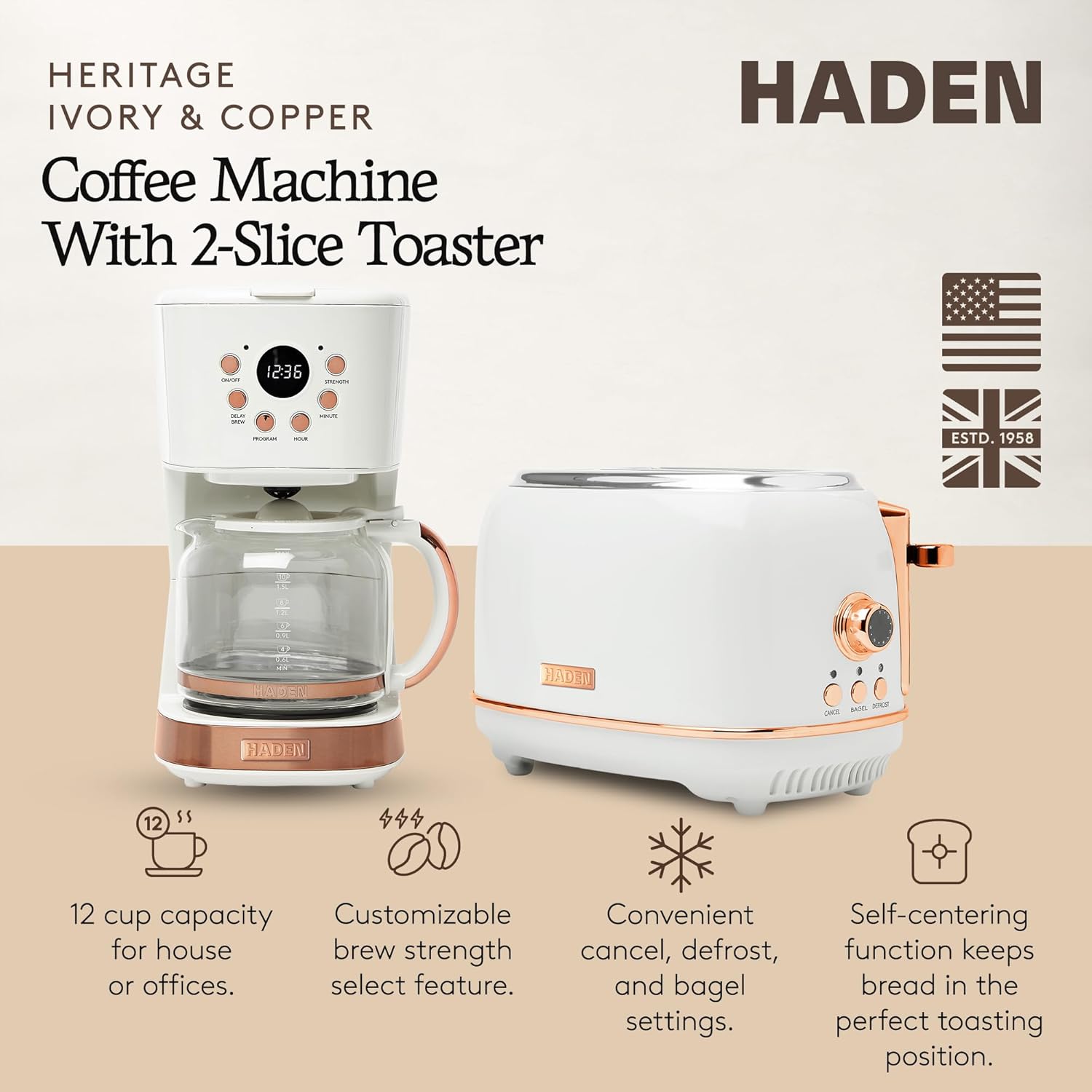 Haden Heritage 2 Slice Wide Slot Stainless Steel Toaster Bundled with 12 Cup Programmable Drip Coffee Maker Coffee Machine, Ivory & Copper