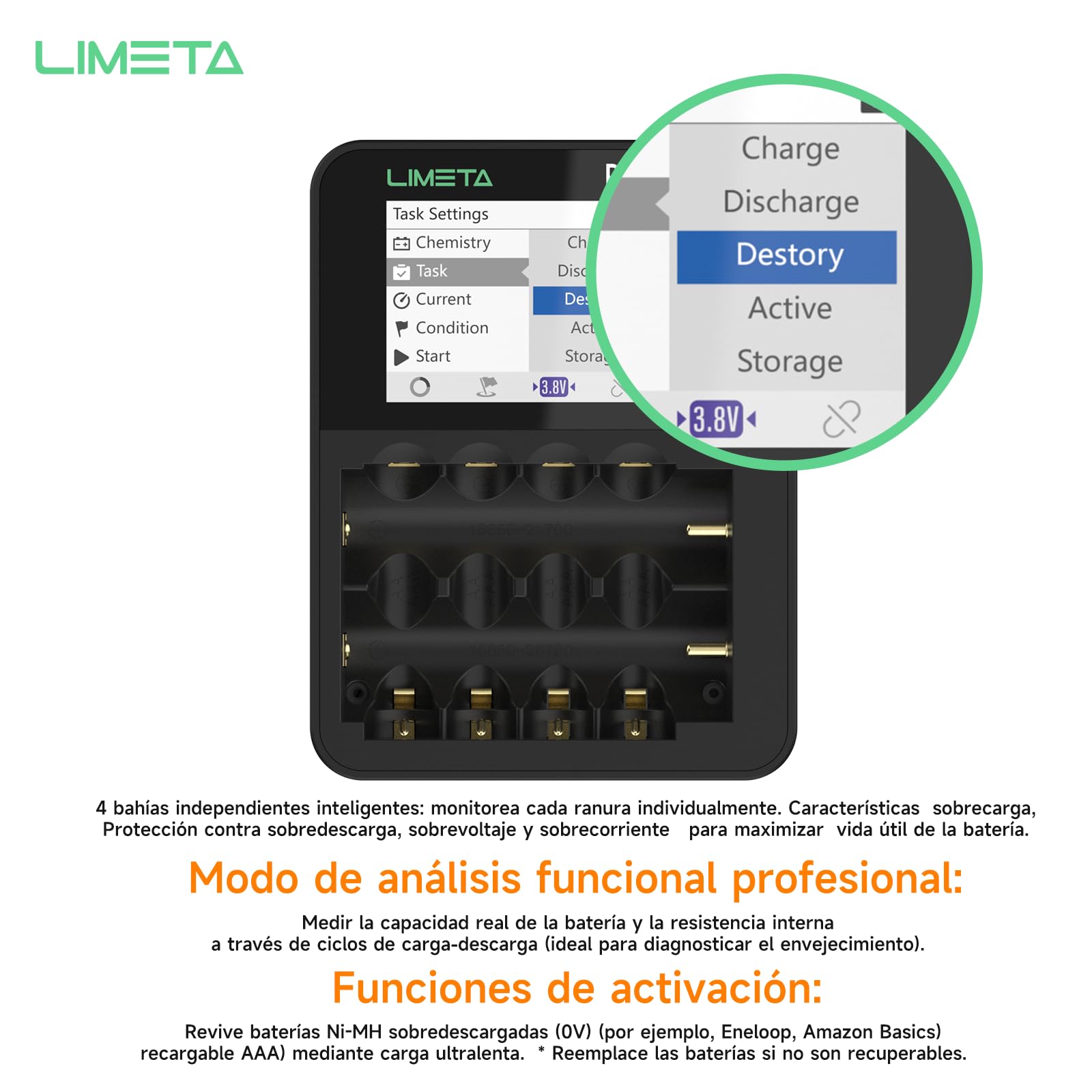 LIMETA Cargador de batería Inteligente AA AAA 6 Ranuras LCD más rápido 18650 Cargador de batería Tipo C QC3.0 de Salida de Litio con función de Carga y Descarga cíclica