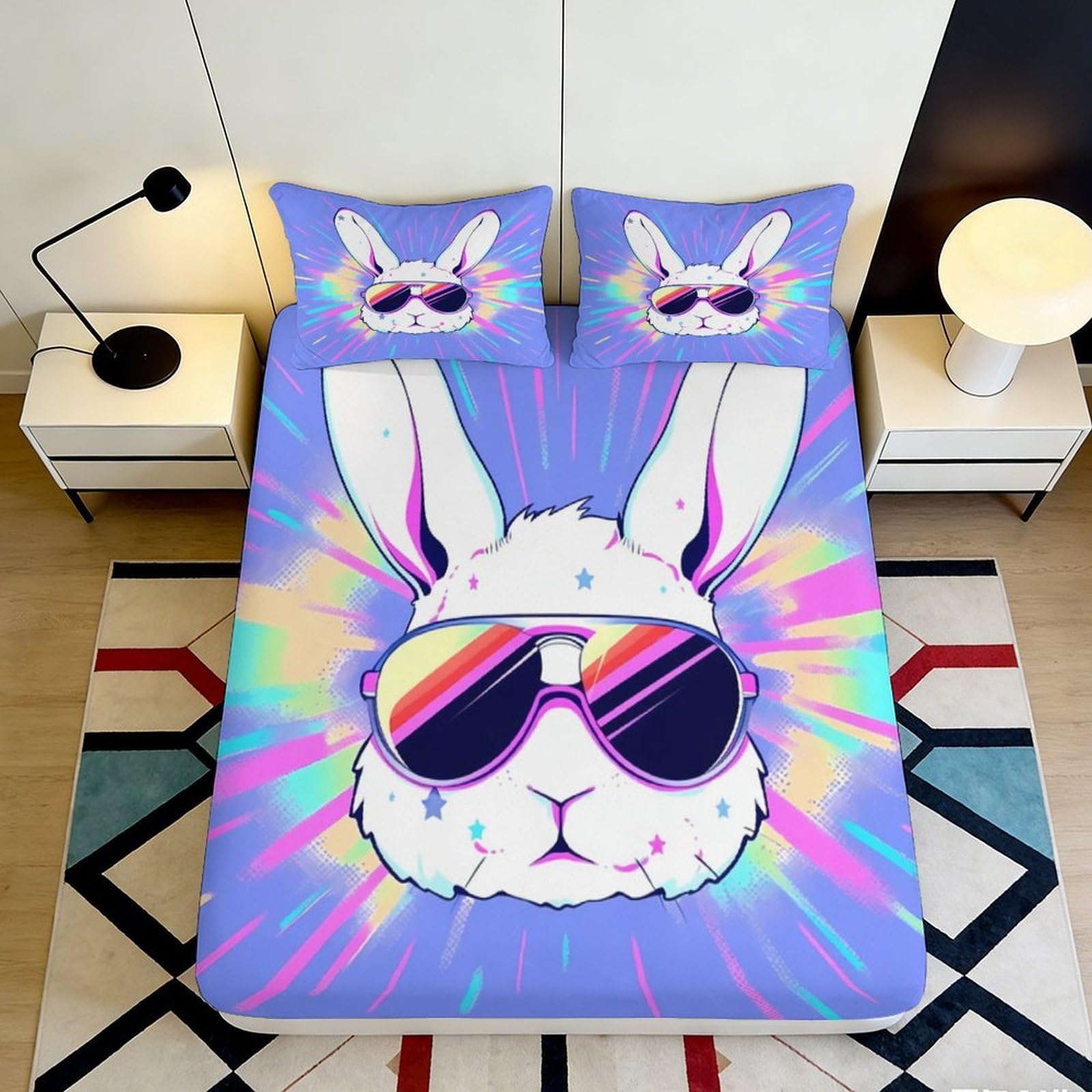 Jqzkxnhpbr Style-6 3D Printed Bunny Sunglasses Fitted Sheet Microfiber Soft Anti-Slip Mattress Cover For Bedroom Dorm Decor 90X200x25cm