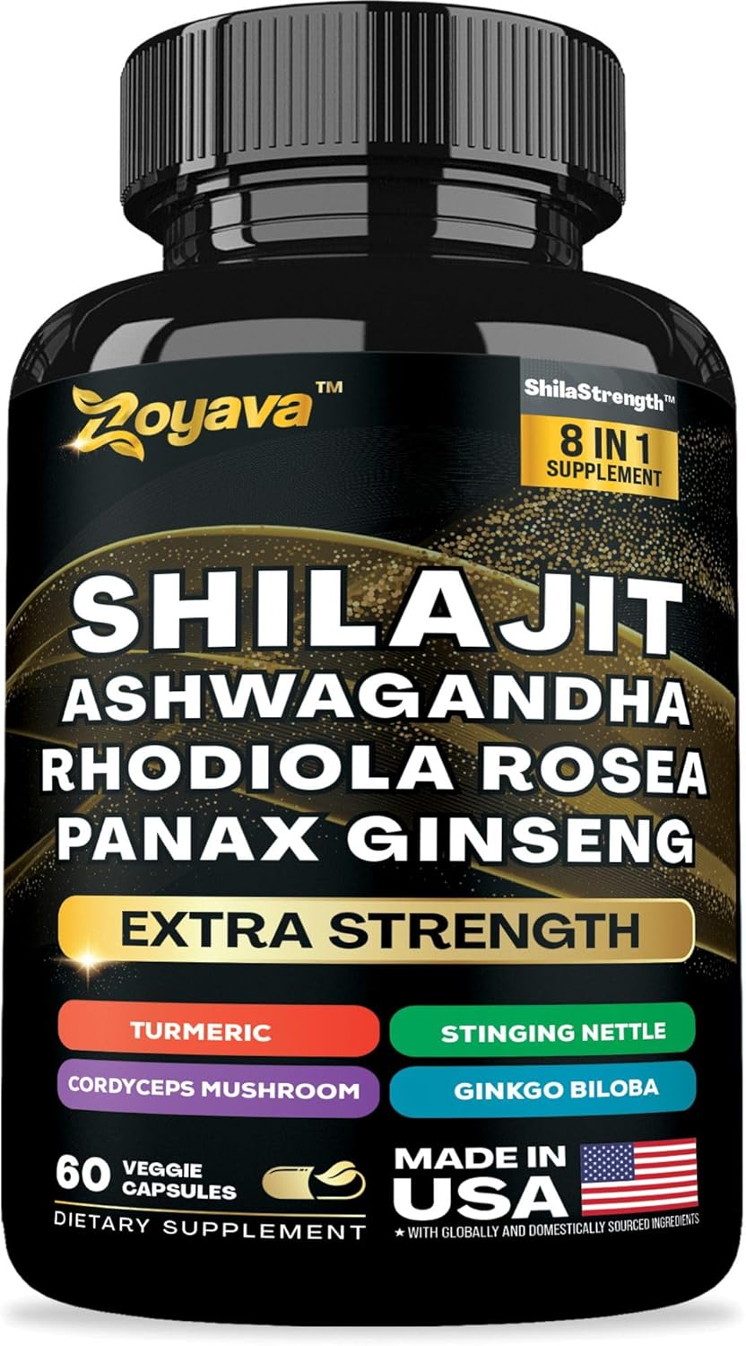 Shilajit 9000 Panax Ginseng 1500MG Ashwagandha 2000MG Rhodiola Rosea 1000MG, Turmeric 500MG, Gingko Biloba 500MG, Stinging Nettle 250MG, Cordyceps Mushroom (60 Caps)