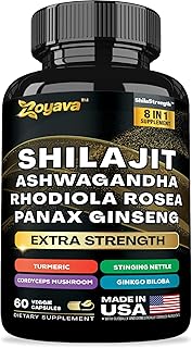 Shilajit 9000 Panax Ginseng 1500MG Ashwagandha 2000MG Rhodiola Rosea 1000MG, Turmeric 500MG, Gingko Biloba 500MG, Stinging Nettle 250MG, Cordyceps Mushroom (60 Caps)