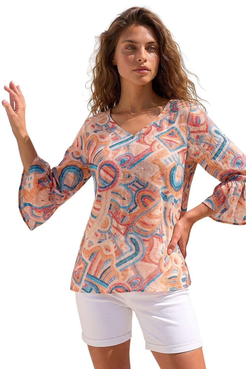 Roman Originals Women's Geo Orange Roman Abstract Print Frill Detail Top For Uk - Everyday Summer Holiday V-Neckline Comfy 3/4 Sleeve Soft Relaxed Fit Shirt Daywear Vacation Blouses - Size 20