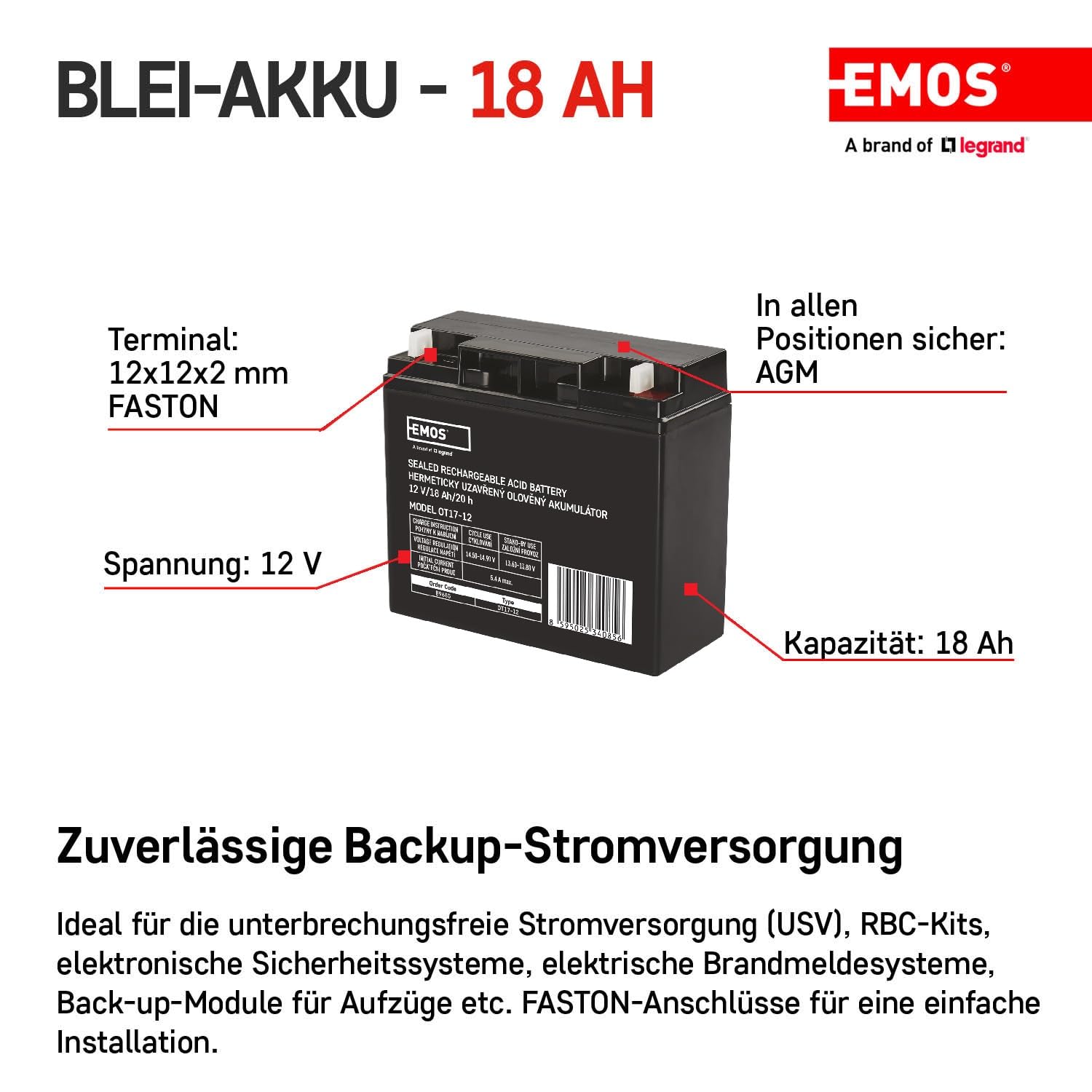 EMOS - Batterie au plomb sans entretien - 12V 18Ah - Batterie AGM - Pour éclairage de secours, systèmes d'alarme, appareils UPS - Contrôlé par valves, valves de sécurité - 181x77x167 mm