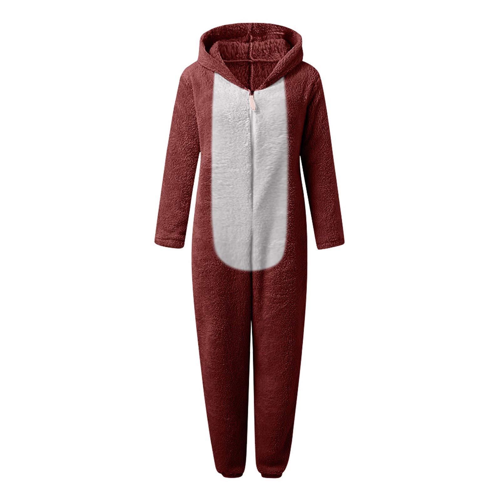Onesie - Tutina da donna in pile, casual, tinta unita, per adulti e donne, pigiama, a maniche lunghe, con orsacchiotto, in pile, Vino, s