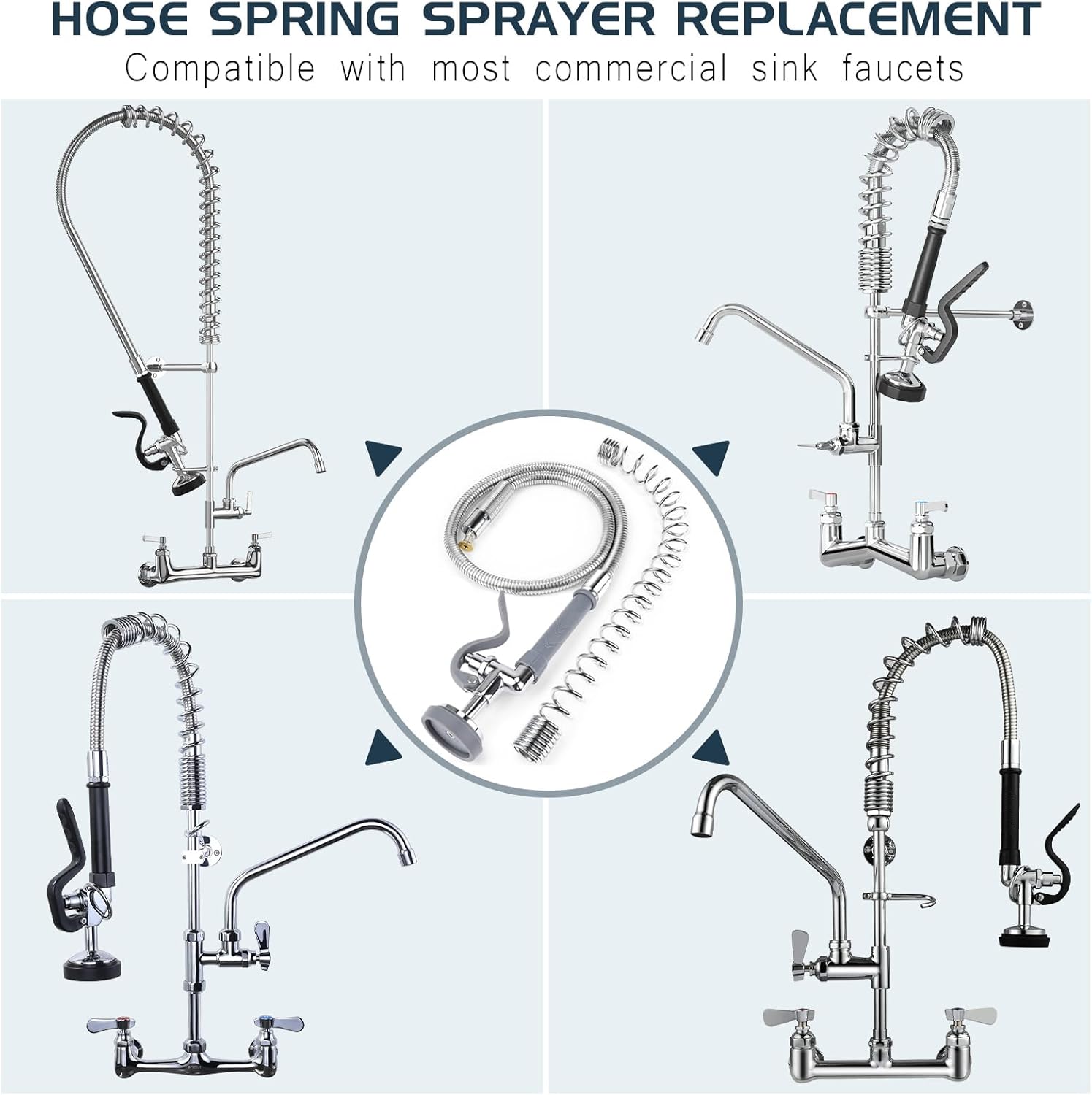 Spray Valve with 45” Commercial Sink Sprayer Hose and Pre Rinse Spring, Pre Rinse Sprayer with Flexible Stainless Steel Hose & Spring Assembly for Commercial Kitchen Faucets (Grey)