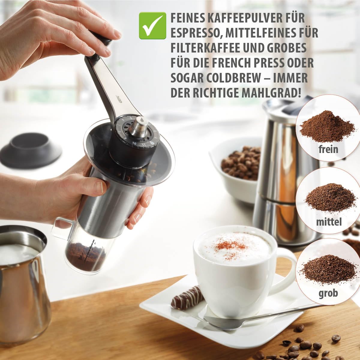 GEFU Kaffeemühle LORENZO | Manuelle Kaffeemühle mit Keramikmahlwerk, 11 Mahlstufen & Aromadeckel | Für Espresso, Filterkaffee & French Press | Edelstahl