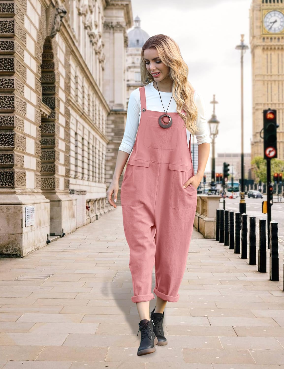 YESNO Women Long Casual Loose Bib Pants Overalls Baggy Rompers Jumpsuits with Pockets PV9 - Image 3