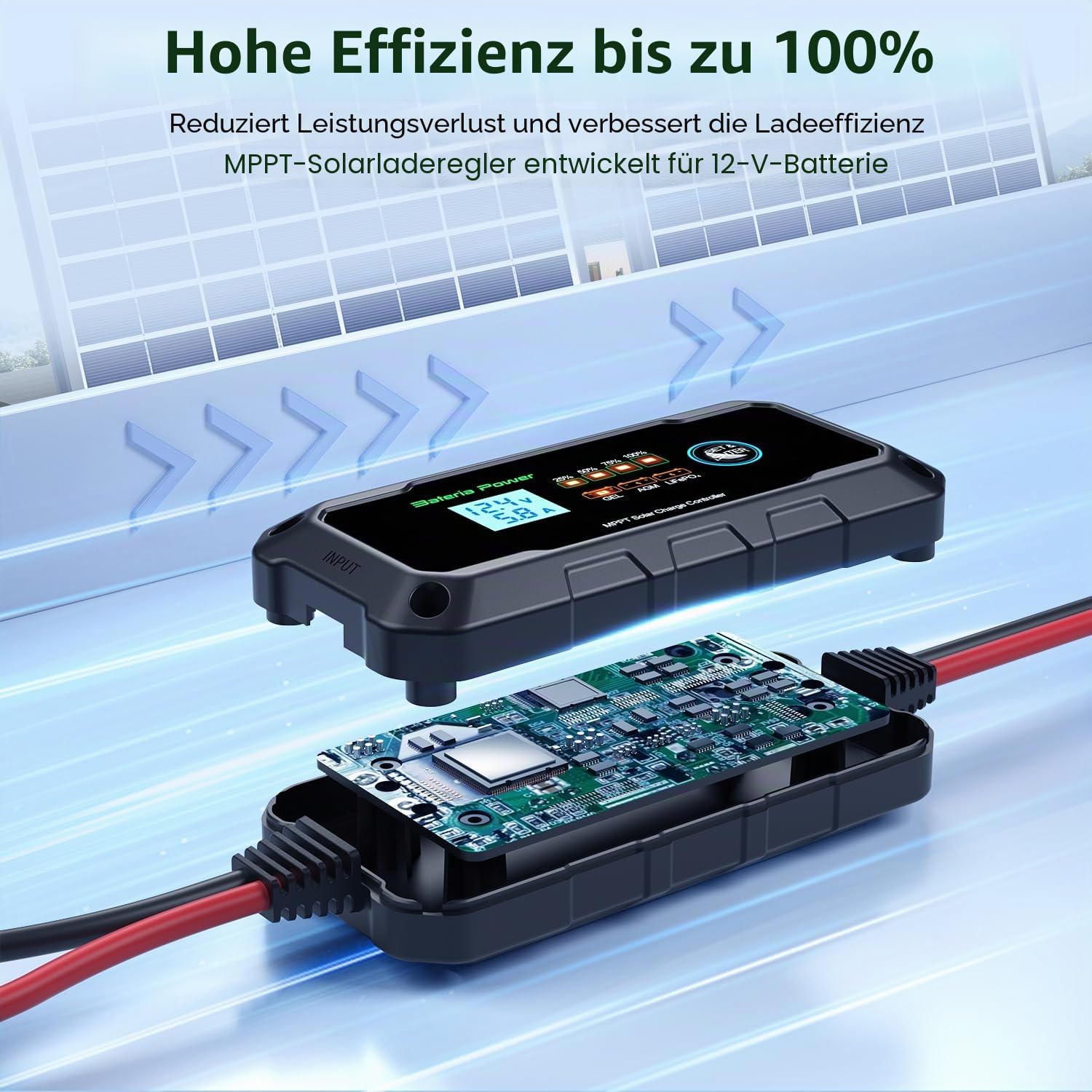 Bateria Power 10A MPPT Solarladeregler 12V MPPT Laderegler Solar mit LED und LCD-Display, Anwendbar auf Versiegeltem Flooded Gel AGM Lithium LiFePO4 Batterie