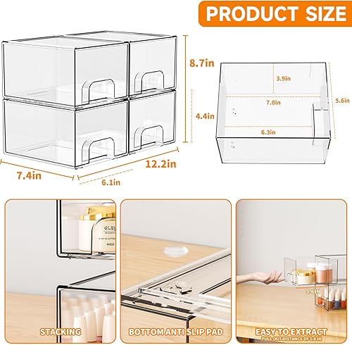 Miniatura 3 de Yieach Paquete de 4 cajones de almacenamiento apilables transparentes, contenedores de acrílico de 4.4 pulgadas de alto para organizar,